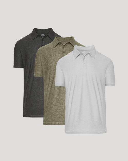 Active Polo 3-Pack with light gray, olive green, dark charcoal shirts.