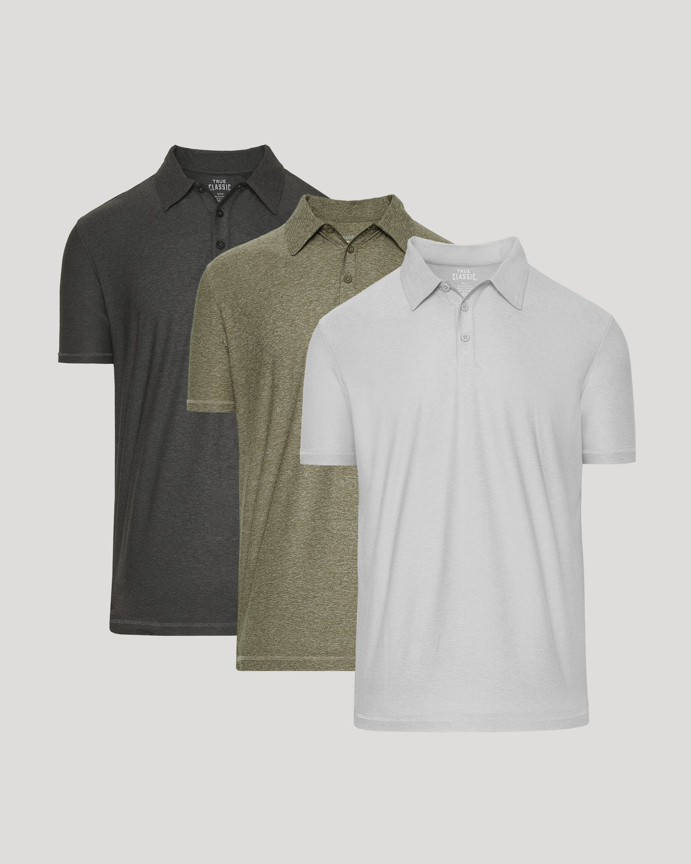 True Classic Men’s Active Short Sleeve Polo shirts with classic collar and placket.