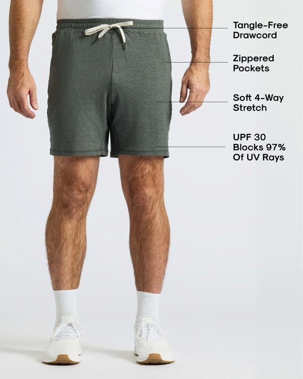 Neutral Tones Active Comfort Shorts, highlighting drawcord, zip pockets, stretch fabric.