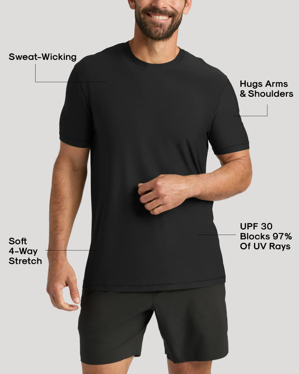 Man wearing black athletic T-shirt and shorts, showcasing Navy & Black Active Crew 2-Pack features.