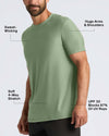 Man wearing a green athletic shirt with text highlighting features on a white background