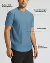 A man wearing a light blue short-sleeve athletic t-shirt with black pants, shown against a light gray background with text callouts highlighting features like 4-way stretch, sweat-wicking, built-in SPF, and curved hem.