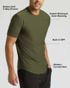 Man wearing an olive green Active Curved Hem Crew 3-Pack shirt highlighting buttery soft 4-way stretch fabric, sweat-wicking and odor-blocking features, built-in SPF, and a modern curved hem design.