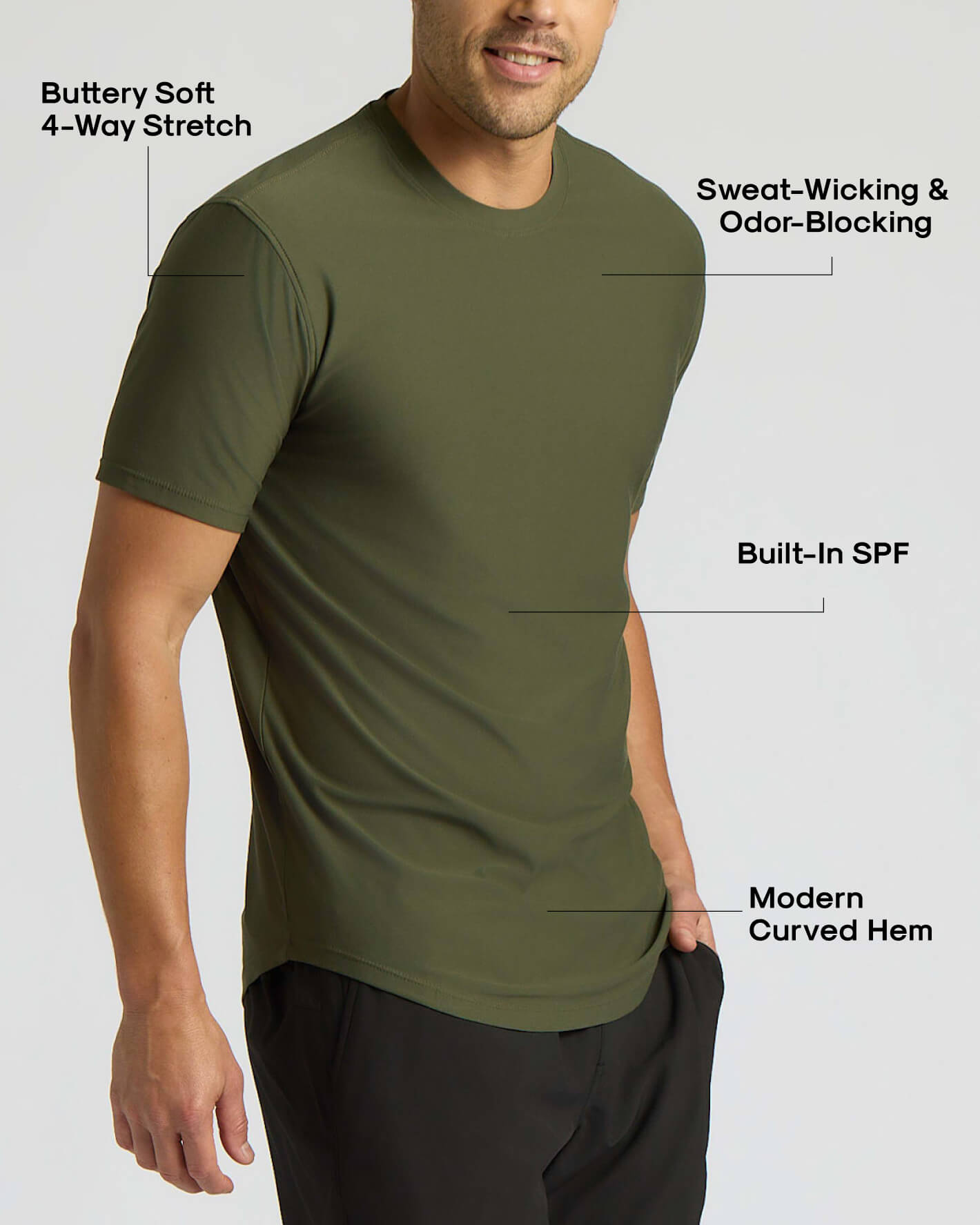 Man wearing an olive green Active Curved Hem Crew 3-Pack shirt highlighting buttery soft 4-way stretch fabric, sweat-wicking and odor-blocking features, built-in SPF, and a modern curved hem design.