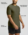 A man wearing an olive green athletic t-shirt with black shorts, shown from the waist up against a light gray background. The image features text callouts highlighting product features: 'Buttery Soft 4-Way Stretch', 'Sweat-Wicking & Odor-Blocking', 'Built-In SPF', and 'Modern Curved Hem'.