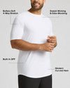 A man wearing a white short-sleeve athletic shirt with black leggings, shown against a light gray background with text callouts highlighting features like buttery soft 4-way stretch, sweat-wicking and odor-blocking, built-in SPF, and modern curved hem.
