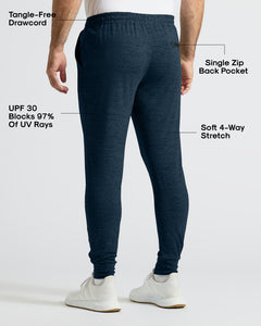True ClassicMan wearing Dark Heather Navy Active Joggers with key features highlighted.