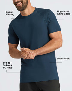 True ClassicMan wearing fitted Navy Active Mesh Crew, showcasing sweat-wicking, soft, UV-blocking features.