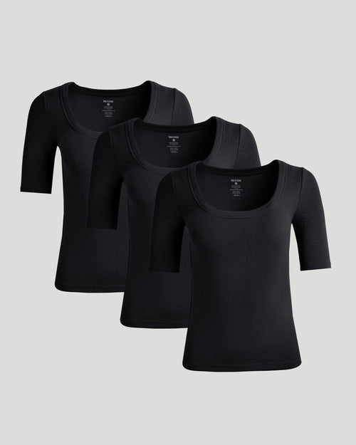 Womens Black Ribbed 3/4 Sleeve Scoop Neck Tee 3-Pack arranged staggered.