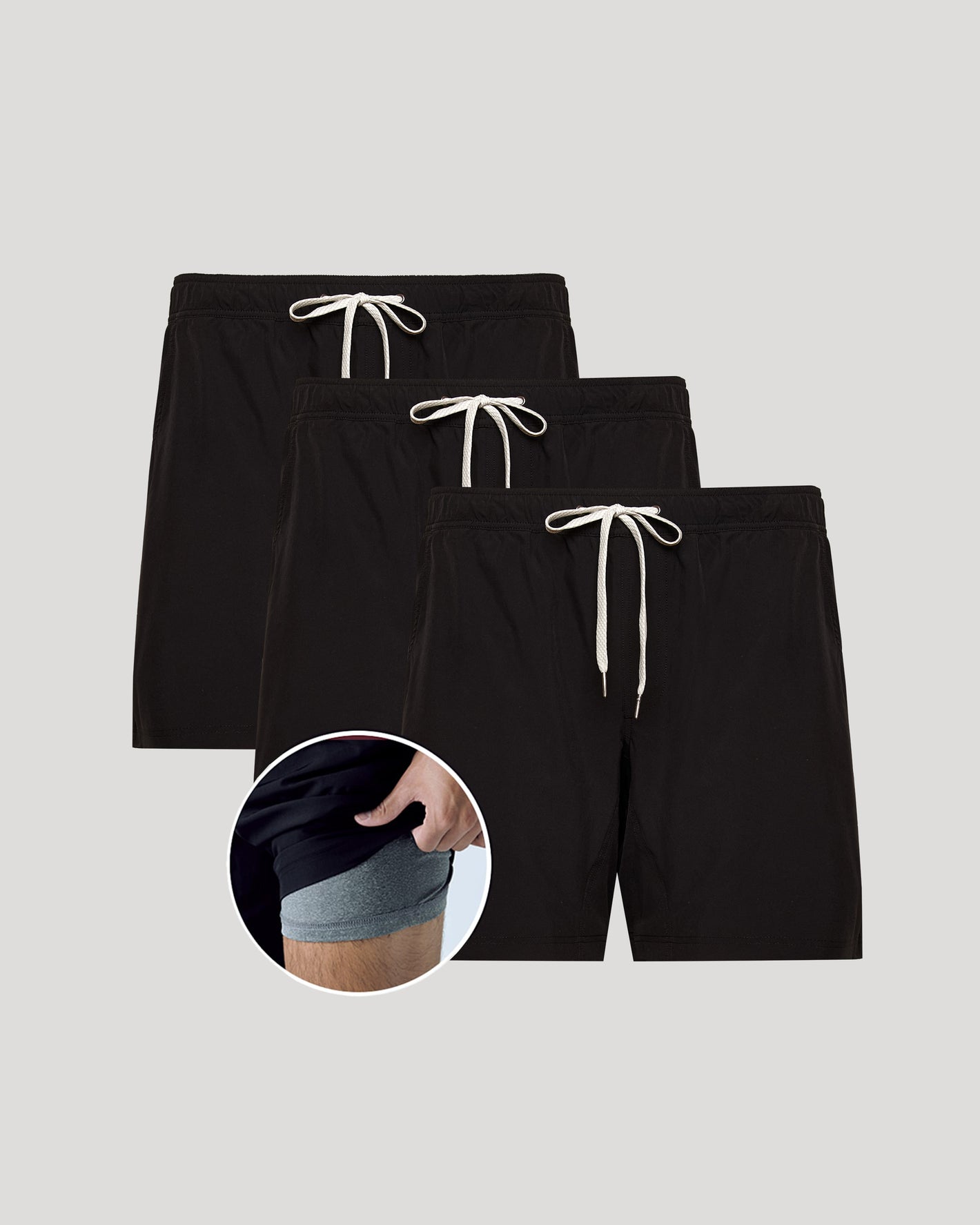 7 All Black Active Quick Dry Shorts 3-Pack, staggered, showing inner liner.