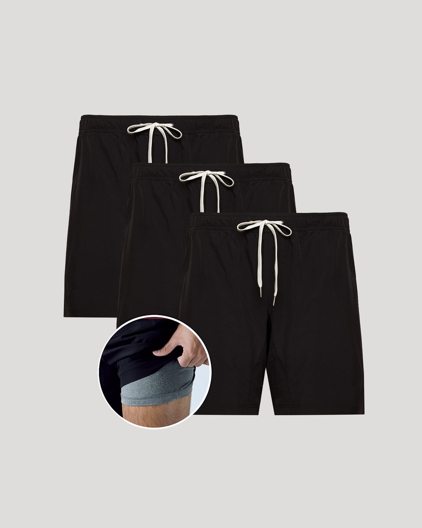 9 All Black Active Quick Dry Shorts 3-Pack with built-in gray liner.