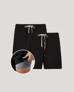 True ClassicAll Black Active Quick Dry Shorts with Liner 2-Pack showing outer and inner layers.