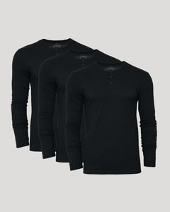 True ClassicAll Black Classic Henley 3-Pack laid side-by-side.