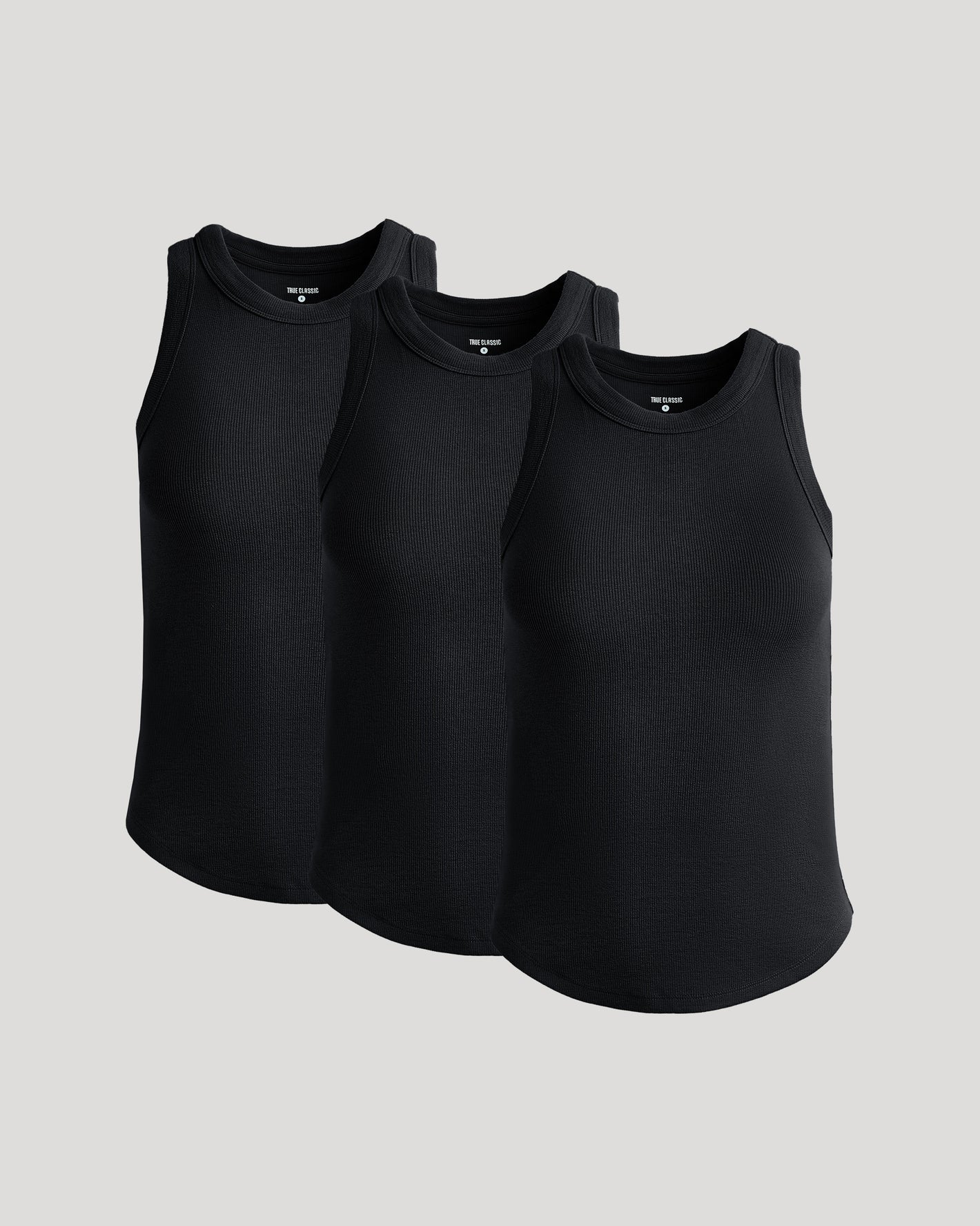 Womens Black Ribbed High Neck Tank 3-Pack, laid side by side.