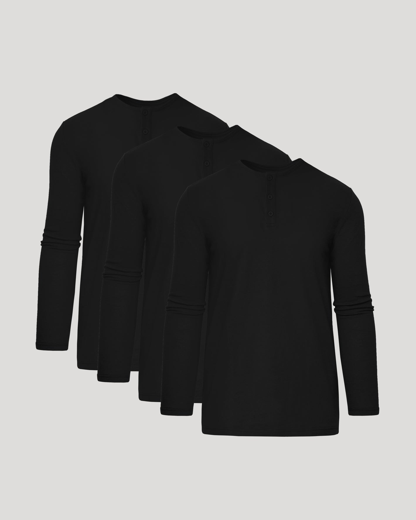 All Black Tall Classic Long Sleeve Henley 3-Pack, neatly stacked.
