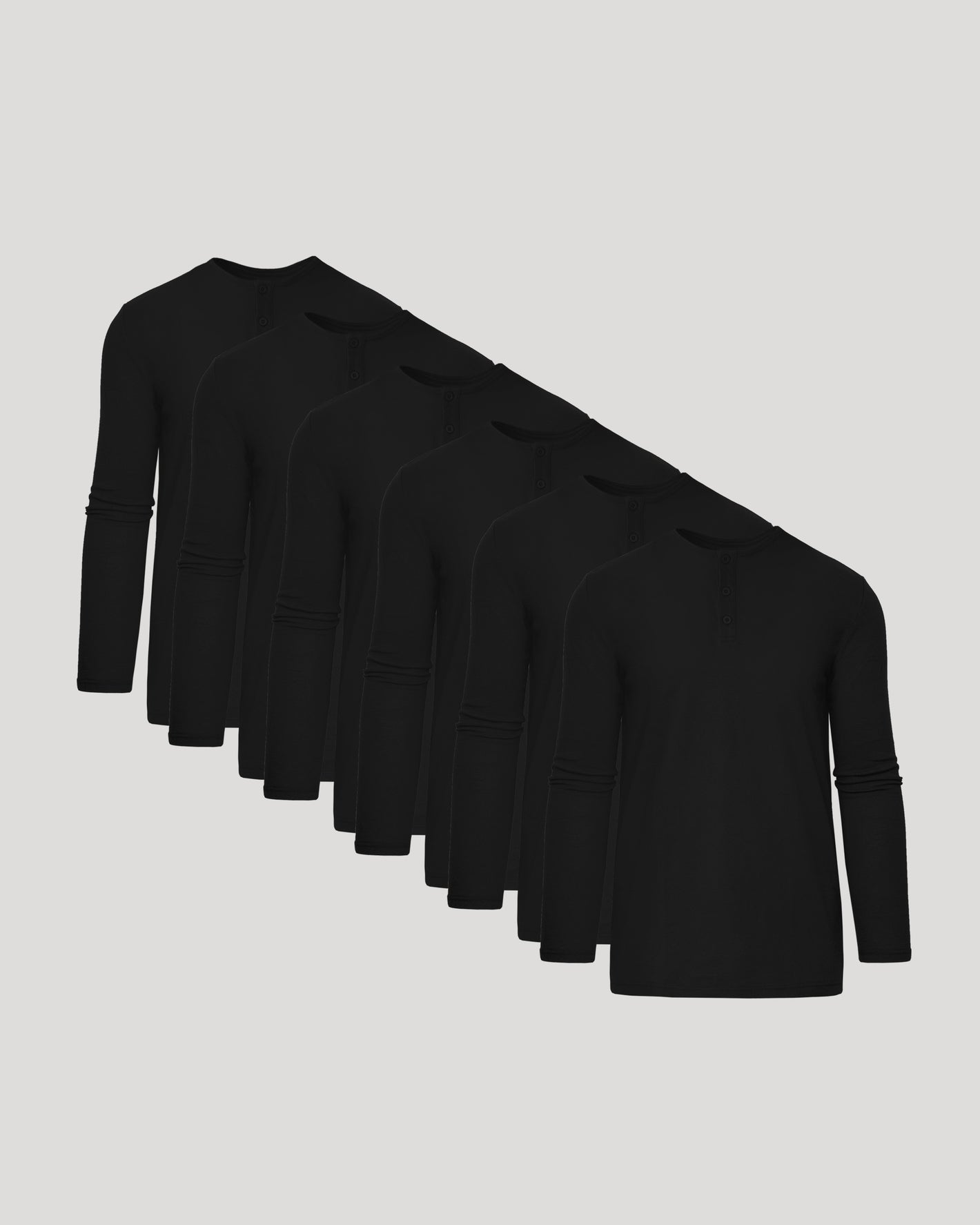 All Black Tall Classic Long Sleeve Henley 6-Pack, buttoned placket, neatly arranged.