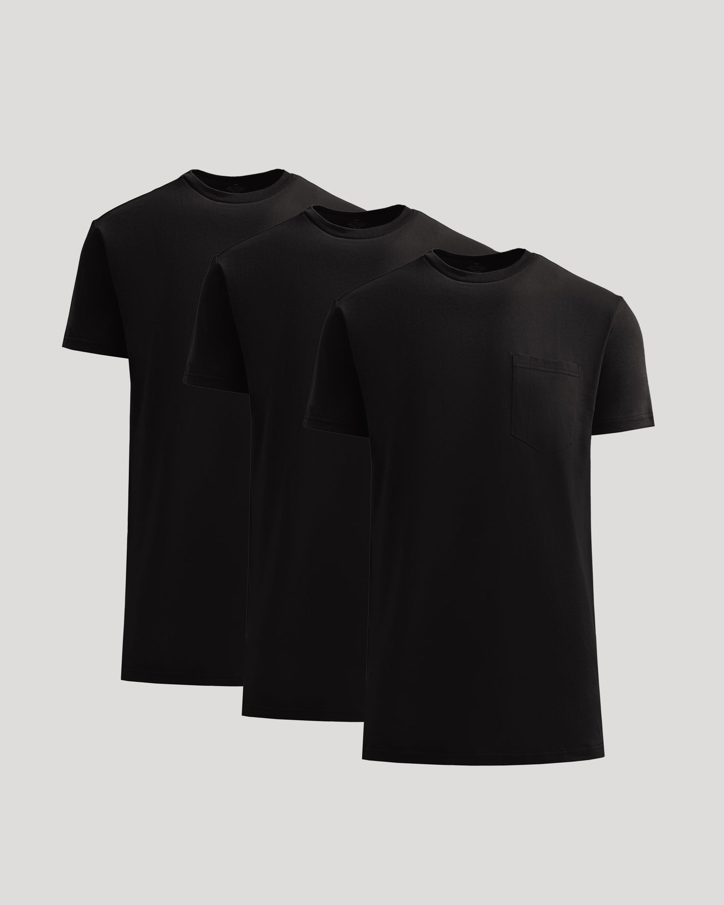 All Black Tall Heavyweight Pocket Crew Neck 3-Pack displayed staggered.