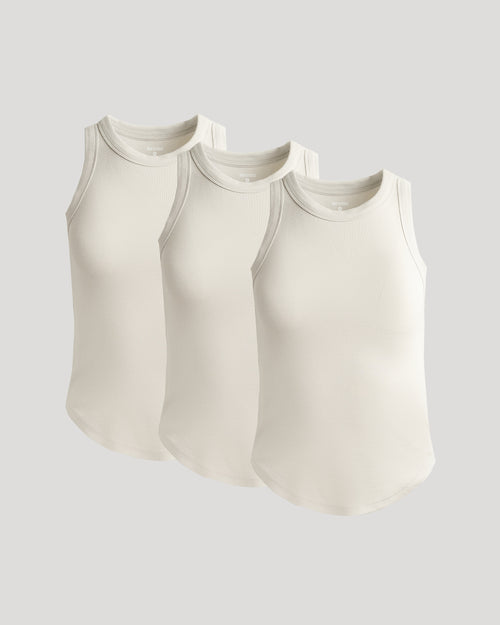 Womens Oatmeal Ribbed High Neck Tank 3-Pack, sleeveless, arranged side by side.
