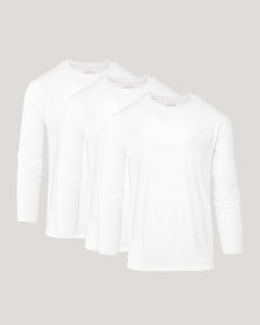 True ClassicAll White Active Long Sleeve Crew 3-Pack overlapping on gray background.