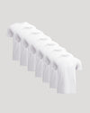 Seven plain white crew neck t-shirts displayed in a row, showcasing a pack of men's basics named All White Crews.