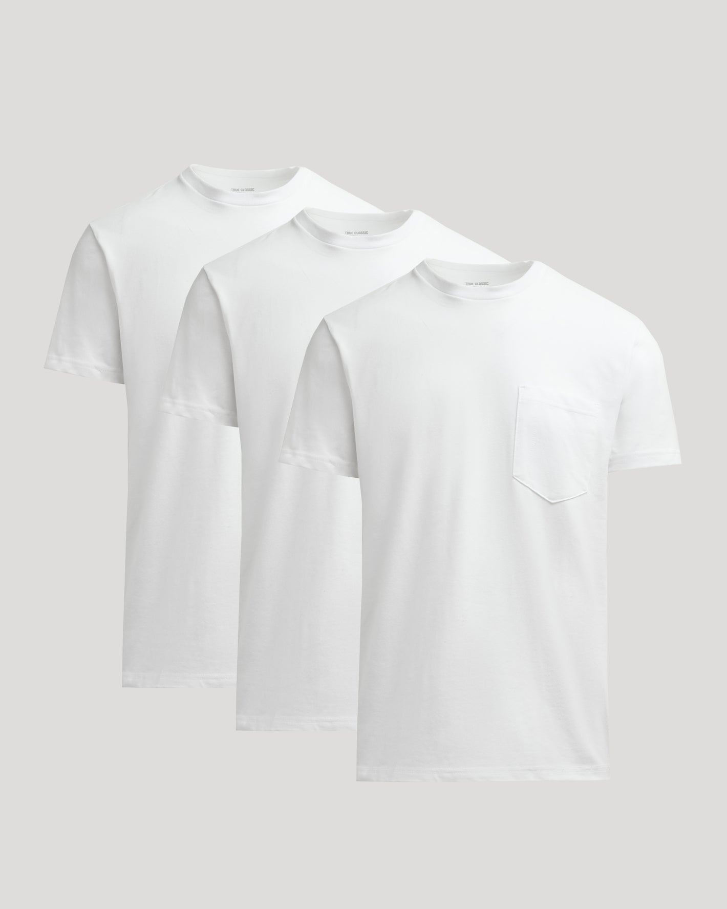 All White Heavyweight Pocket Crew 3-Pack arranged with visible pocket detail.