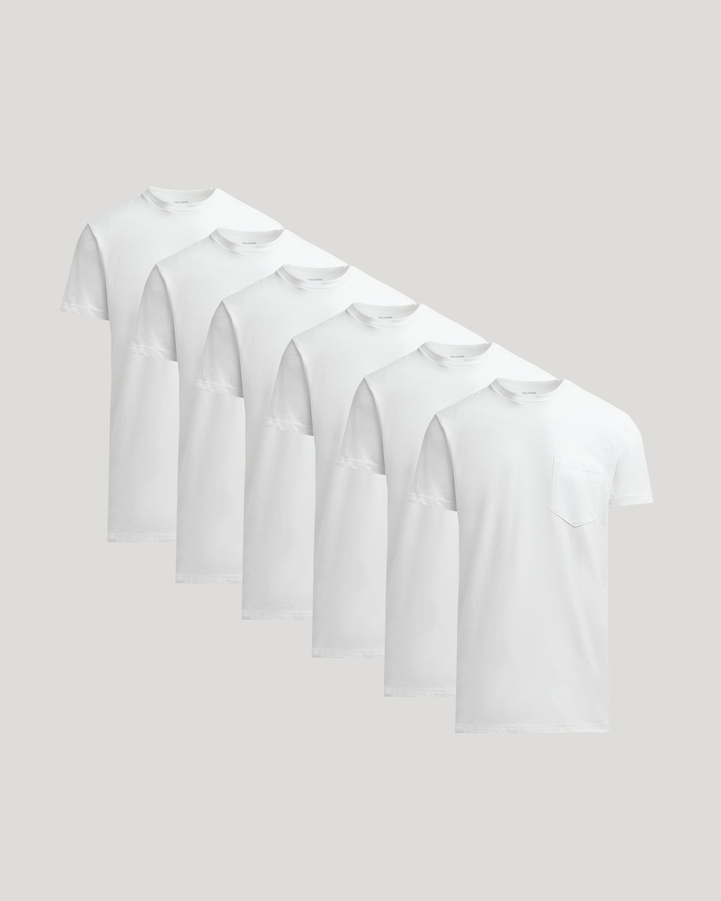All White Tall Heavyweight Pocket Crew Neck 6-Pack, staggered display.