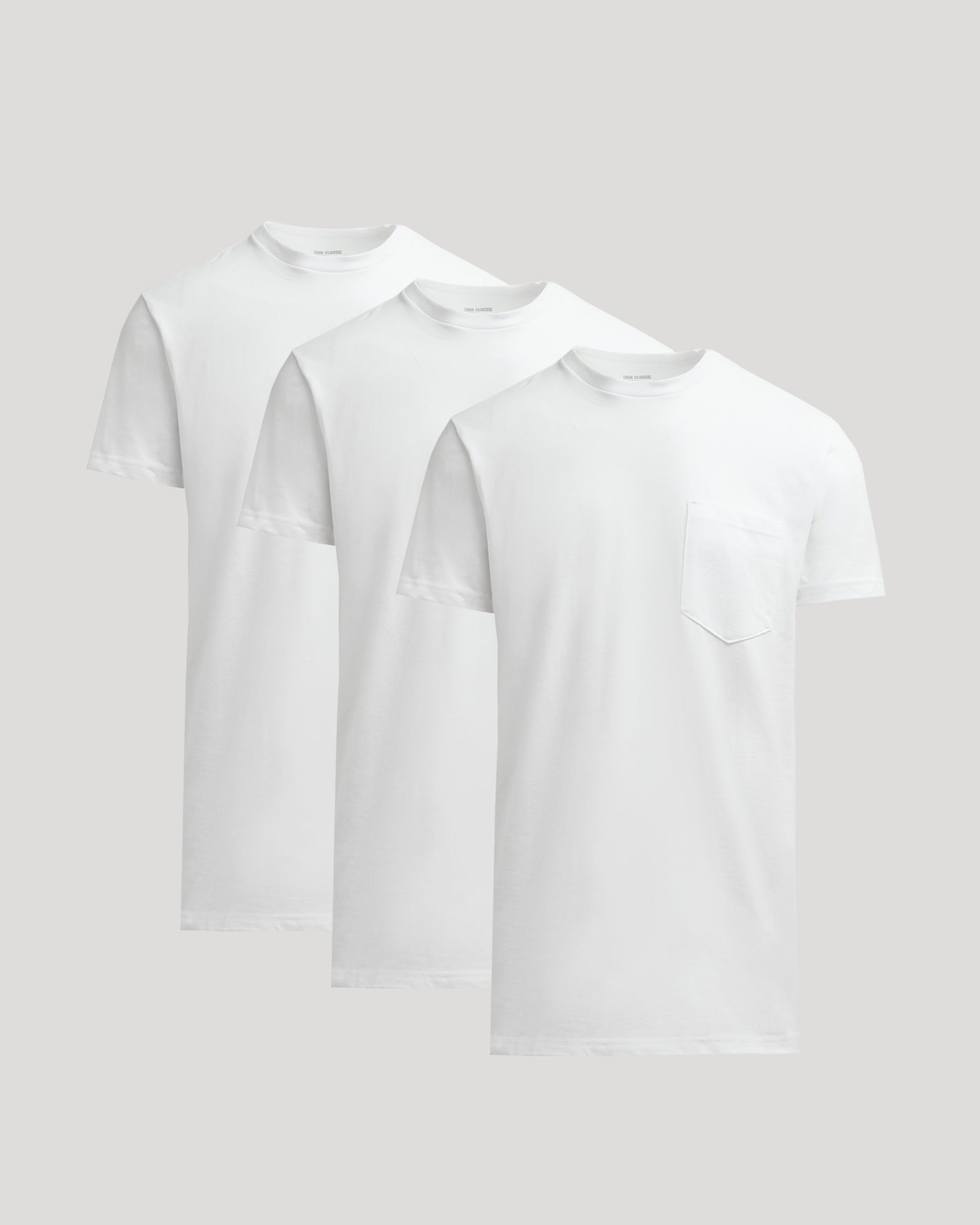 All White Tall Heavyweight Pocket Crew Neck 3-Pack, staggered display.