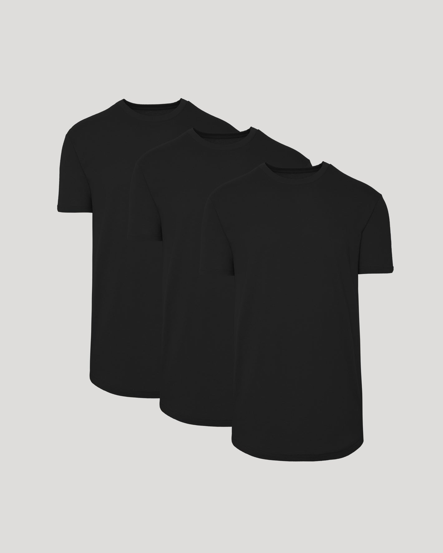All Black Short Sleeve Tall Curved Hem Crew 3-Pack displayed side by side.