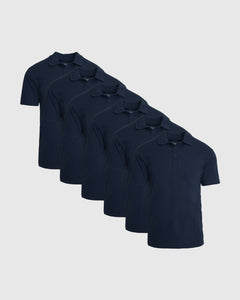 True ClassicAll Navy Short Sleeve Polo 6-Pack, neatly arranged, classic collar, three-button placket.