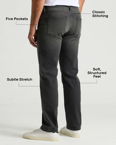 True ClassicGray Wash Straight Authentic Denim Jeans showcasing five pockets and subtle stretch.