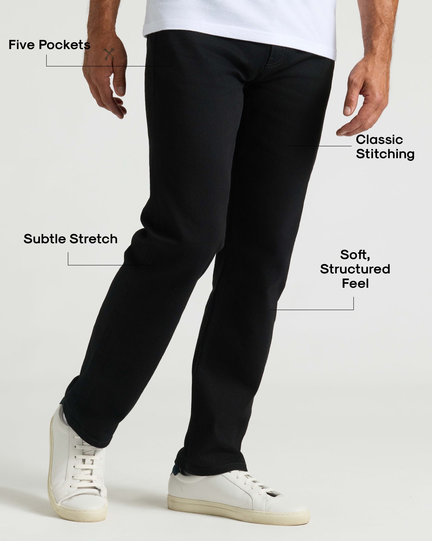 Black Wash Straight Authentic Denim Jeans with features like subtle stretch and classic stitching.