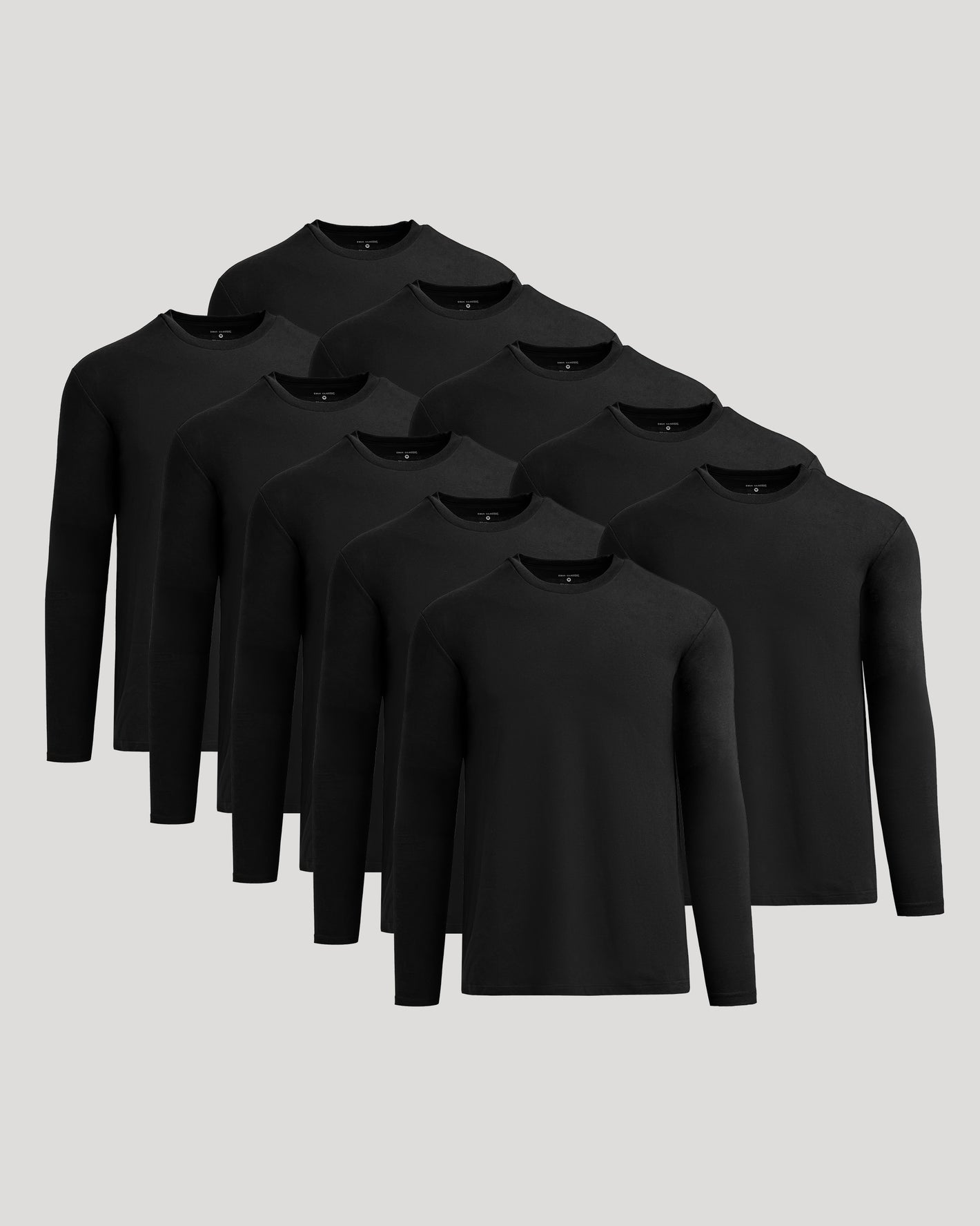Black Classic Long Sleeve Crew Neck 10-Pack arranged on light gray background.