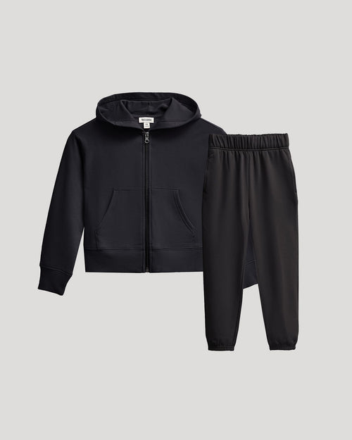 Girls Black Cropped Zip Hoodie & Relaxed Joggers 2-Pack, cozy fleece set.