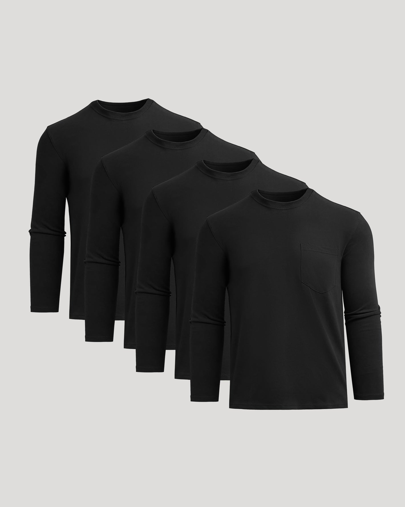 Black Heavyweight Long Sleeve Pocket Crew 4-Pack arranged on light gray backdrop.