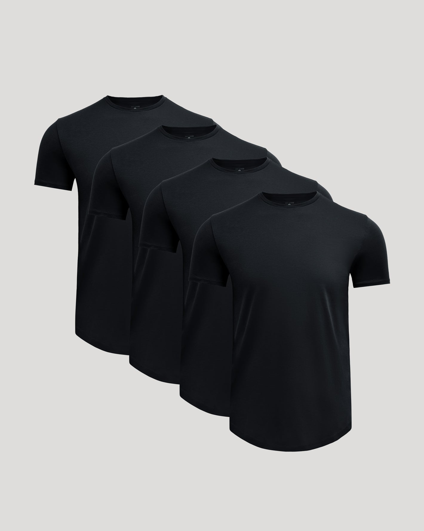 Black Premium Pima Crew Curved Hem 4-Pack, staggered display of silky T-shirts.