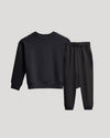 Girls Black Slouch Pullover Crew & Relaxed Jogger 2-Pack laid flat.