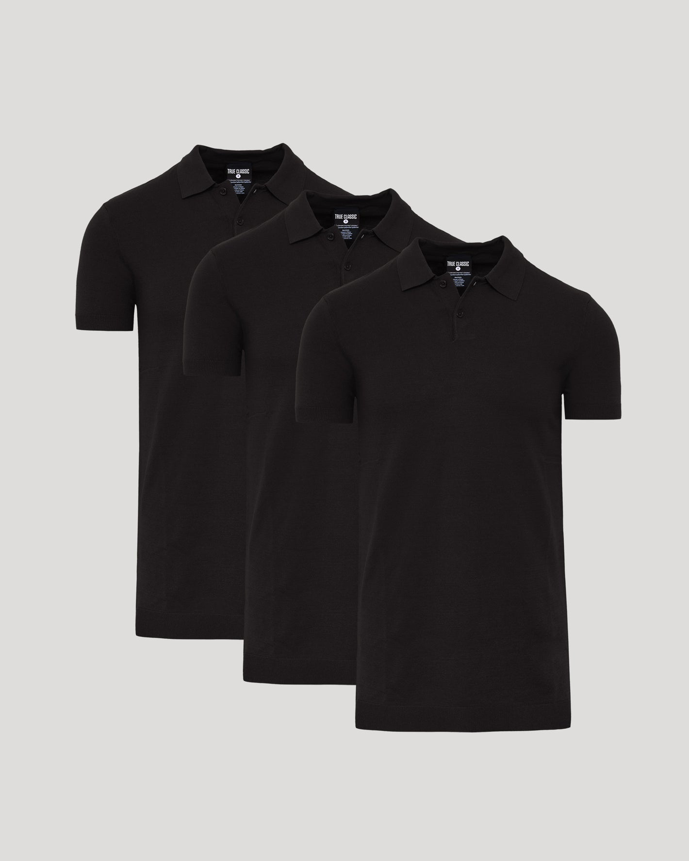 Black Tall Dressy Polo 3-Pack, short-sleeve, collared shirts displayed side by side.