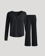 Womens Black Waffle Long Sleeve Henley & Waffle Leg Pant 2-Pack
