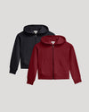 Girls Black & Dark Maroon Cropped Zip Hoodie 2-Pack, laid flat.