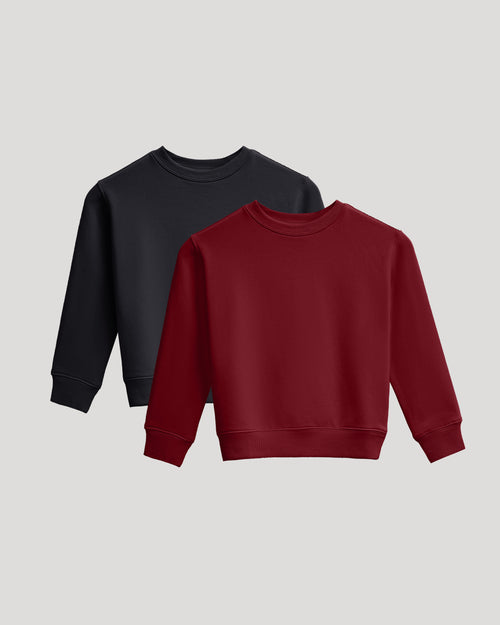 Girls Black & Dark Maroon Slouch Pullover Crew 2-Pack laid flat.