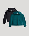 Girls Black & Deep Emerald Cropped Zip Hoodie 2-Pack laid flat.