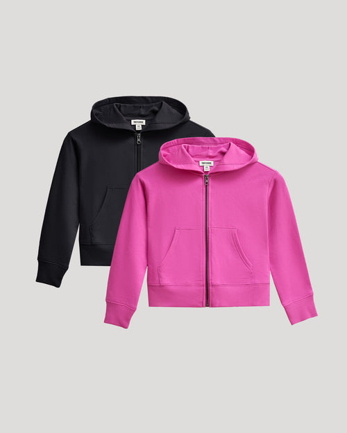 Girls Black & Electric Fuchsia Cropped Zip Hoodie 2-Pack laid flat.