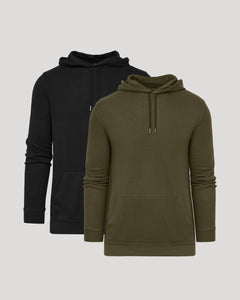 True ClassicBlack & Military Green Waffle Hoodie 2-Pack, textured, with kangaroo pockets.