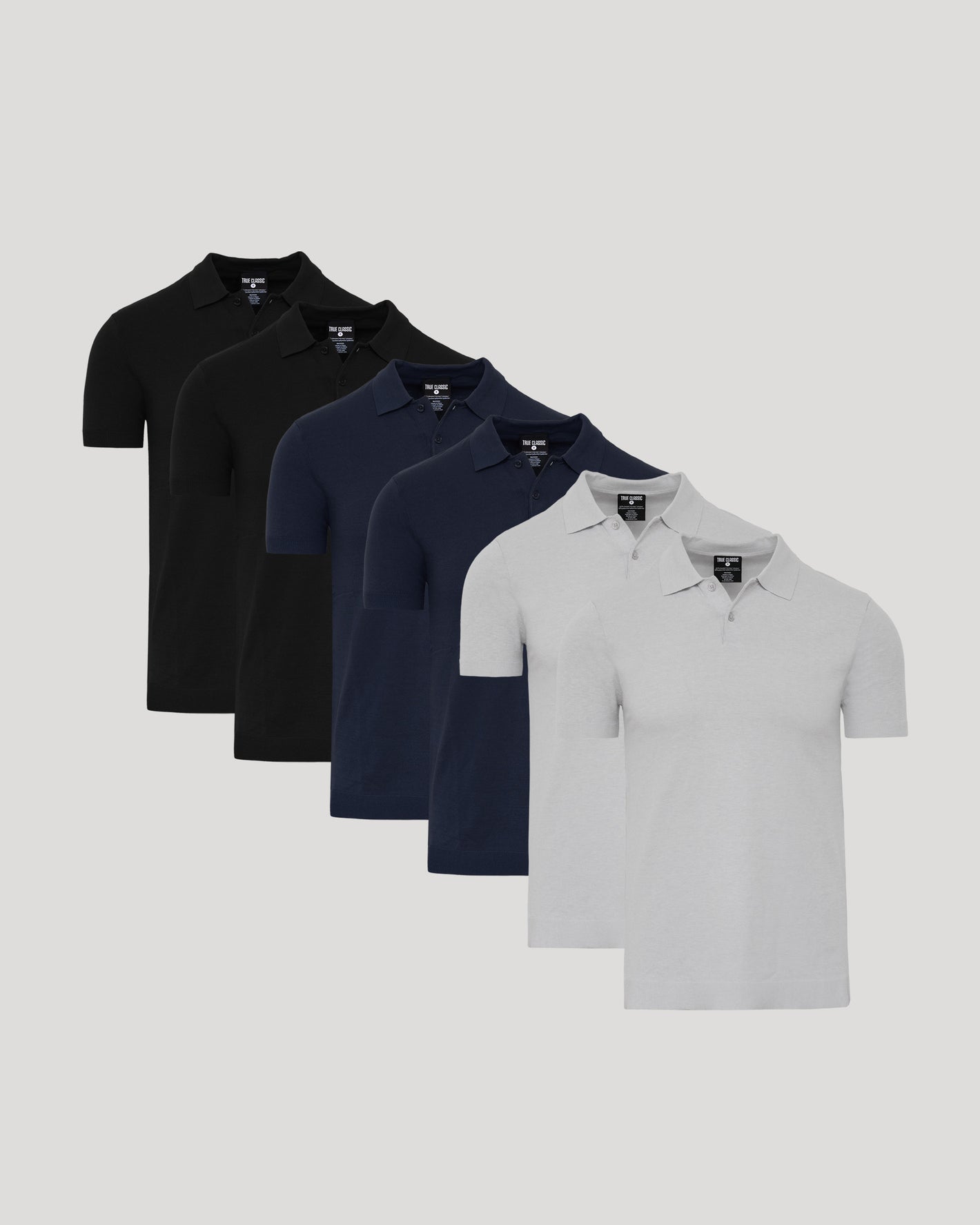 Neutral Navy Dressy Polo 6-Pack displayed in a cascading arrangement.