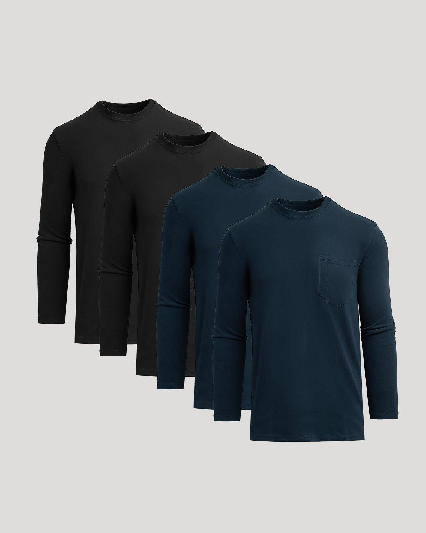 Black & Navy Tall Heavyweight Long Sleeve Pocket Crew 4-Pack fanned display.