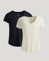 Womens Black & Oatmeal Relaxed Slub V-Neck Tee 2-Pack laid flat.