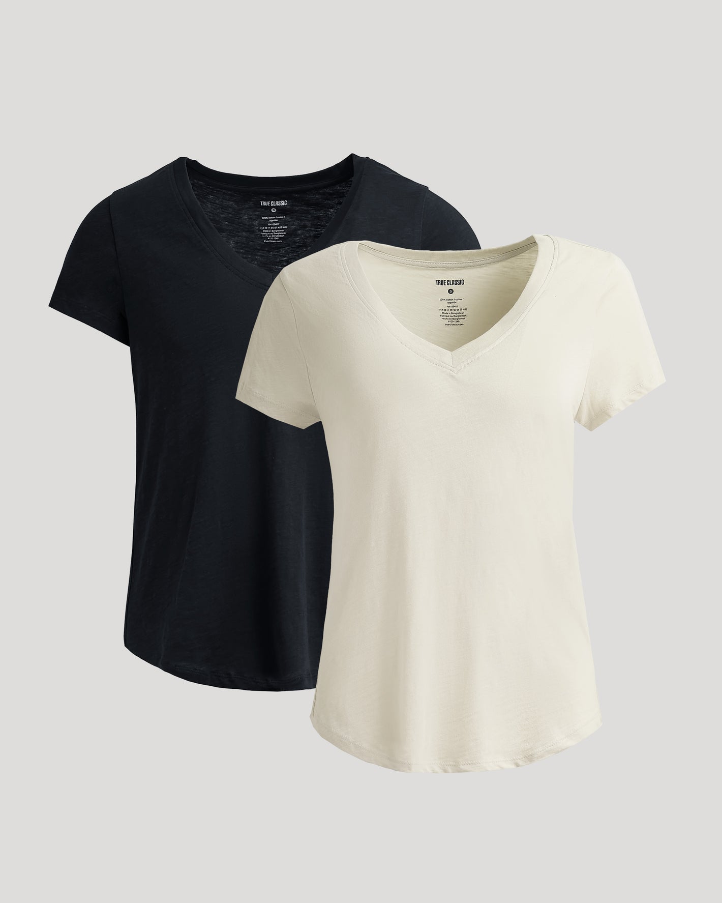 Womens Black & Oatmeal Relaxed Slub V-Neck Tee 2-Pack laid flat.