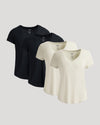Womens Black & Oatmeal Relaxed Slub V-Neck Tee 4-Pack displayed.