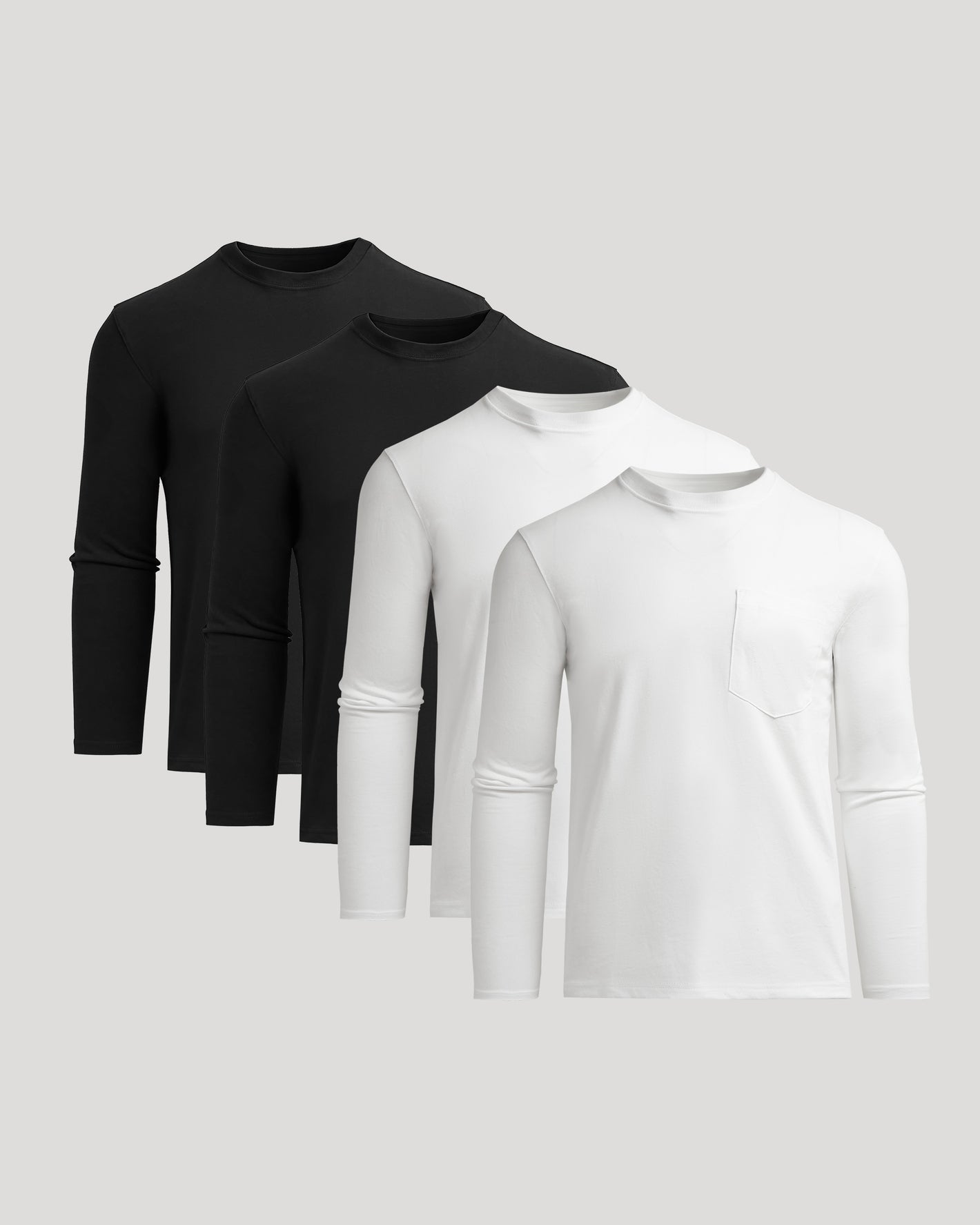 Black & White Heavyweight Long Sleeve Pocket Crew 4-Pack displayed side by side.