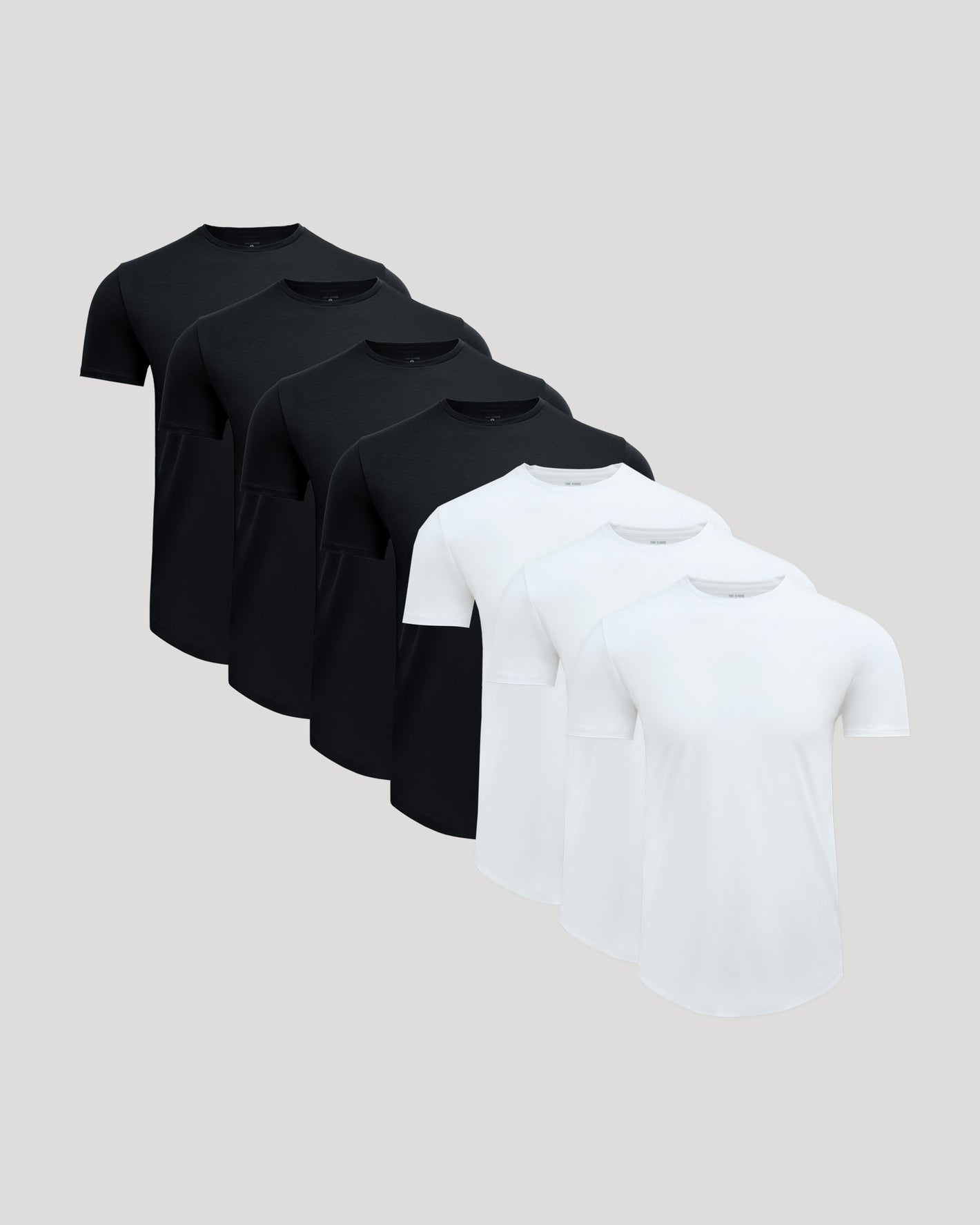 Black & White Premium Pima Crew Curved Hem 7-Pack, cascading layout.